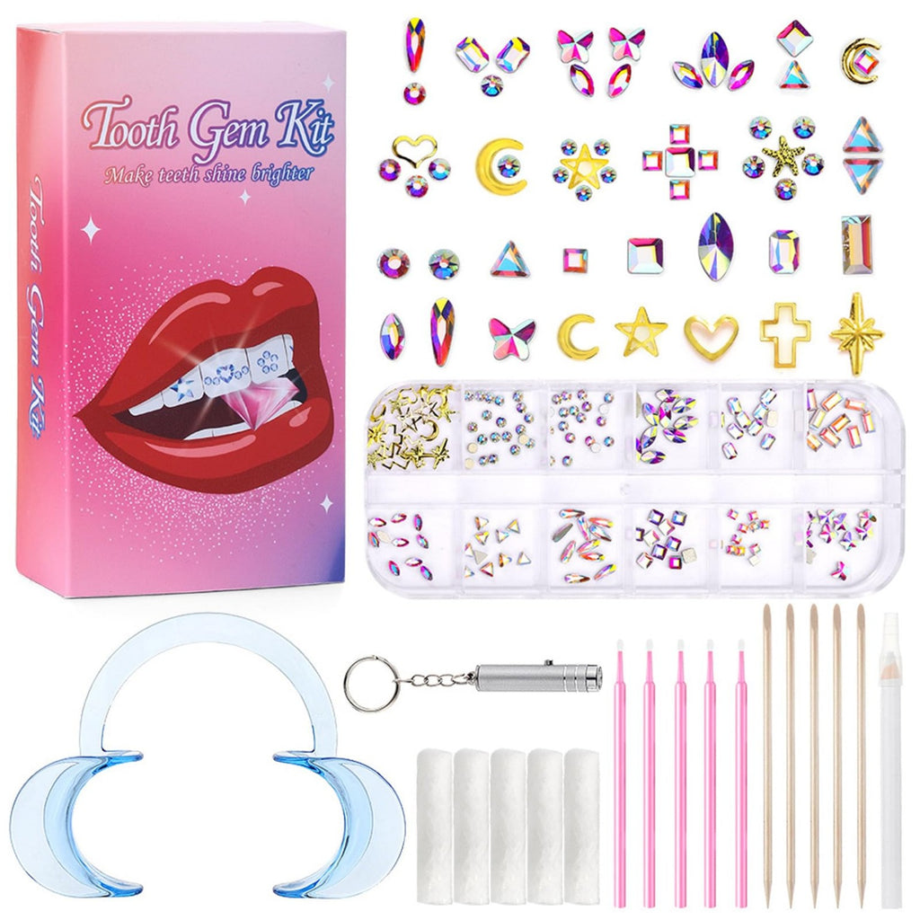 Pink 12-grid Tooth Gem Kit with assorted gems and application tools