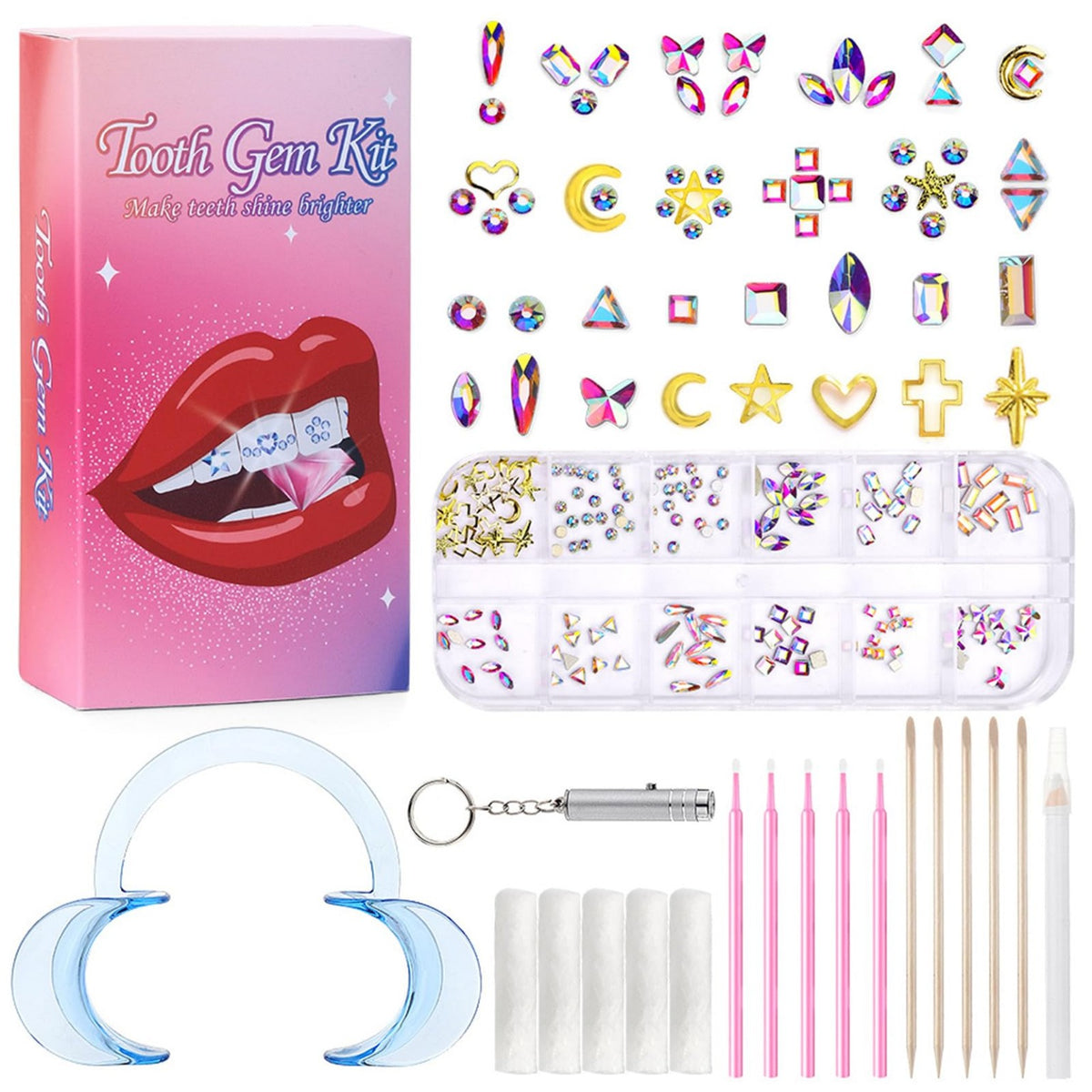 Pink 12-grid Tooth Gem Kit with assorted gems and application tools