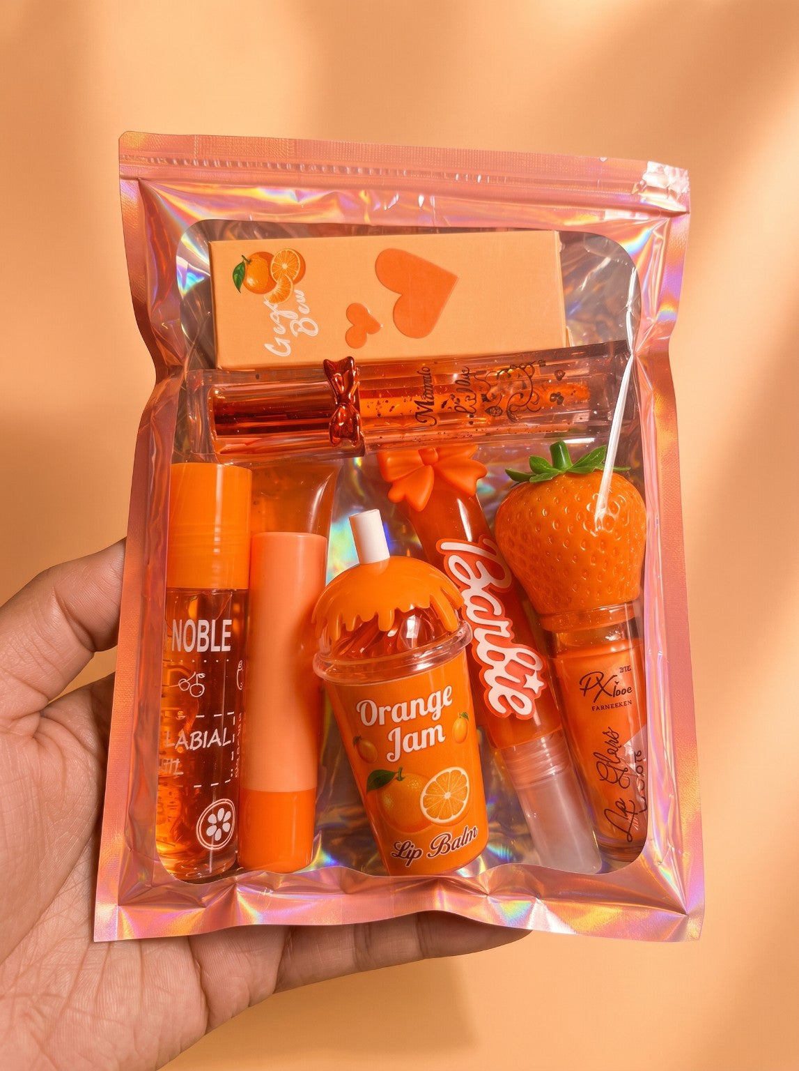 Orange 7-Piece Kawaii Lip Gloss Bundle